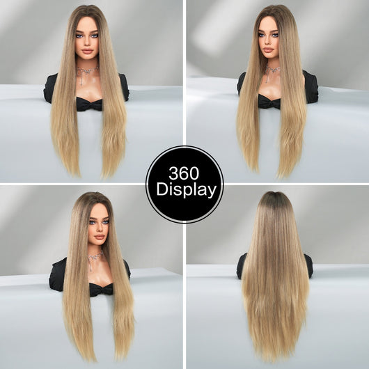 Peluca Larga Degradado Dorado Fibra Sintética Premium Cabello Liso Natural - Image 16