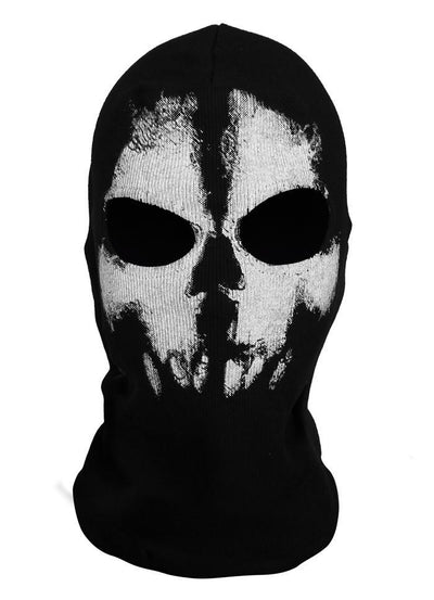 Black balaclava with a white skull face print, featuring dark eye holes, ideal for Halloween or cold weather. - Image 9