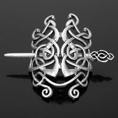 Silver metal hair clip with a retro dragon head and infinity knot design, secured by a plug-in hairpin. - Image 16