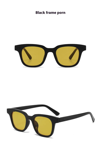 Black frame square sunglasses with light blue lenses, angled on a white background. - Image 26