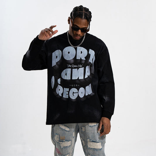 Camiseta Manga Larga Hombre Estilo Retro Distressed Suelta