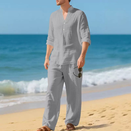 Conjunto de Pantalón y Camiseta Henley Suelta Transpirable para Hombre - Ropa de Playa Casual - Image 3
