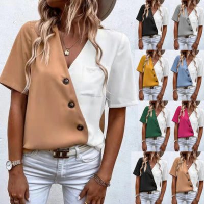 Blusa Elegante de Chifón con Contraste y Manga Corta para Mujer
