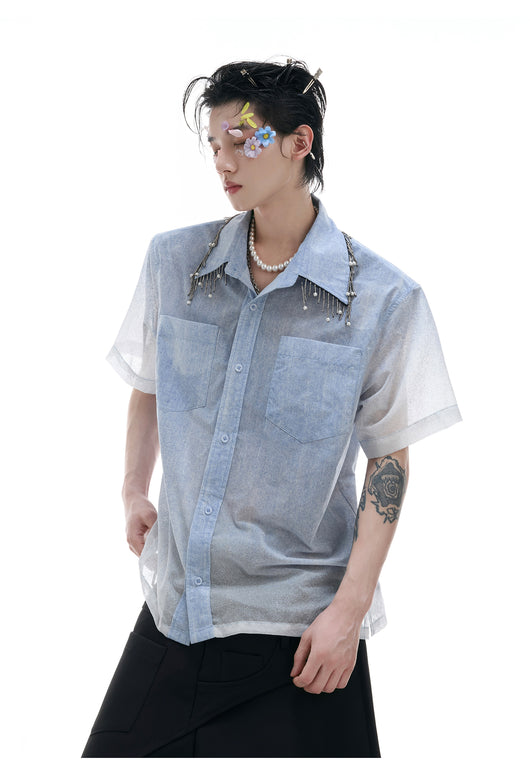 Camisa Manga Corta Hombre Degradado Azul y Blanco Oversize - Image 8