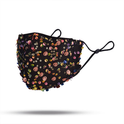 Black mesh face mask with colorful sequins, displayed on a mannequin with reddish-brown hair. - Image 10