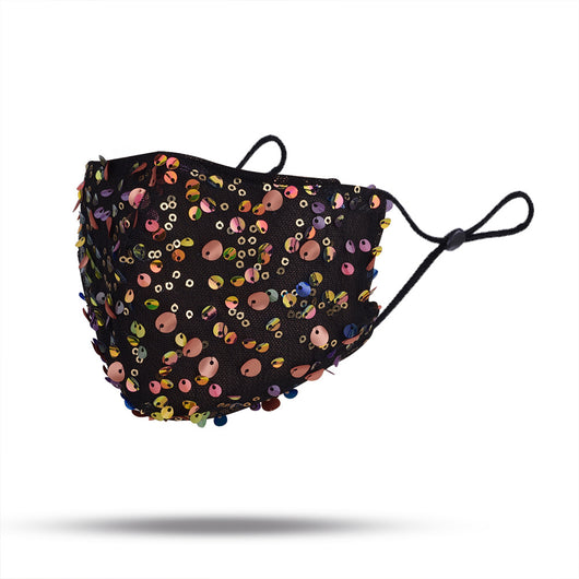 Black mesh face mask with colorful sequins, displayed on a mannequin with reddish-brown hair. - Image 10