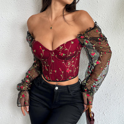 Blusa Larga de Malla Transparente con Parches Bordados - Image 10