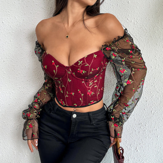 Blusa Larga de Malla Transparente con Parches Bordados - Image 10