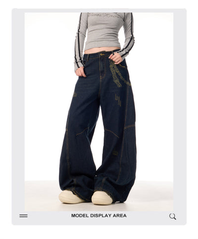 Overol Denim Retro Patchwork de Pierna Ancha para Mujer - Image 9