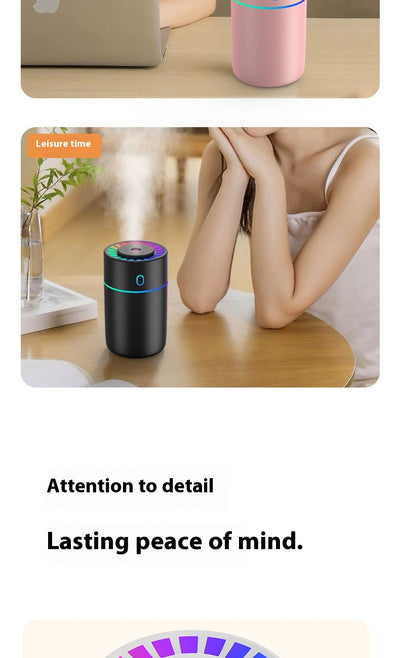 Pink cylindrical humidifier with a colorful LED light ring on top and a blue-green light band around its middle. - Image 12