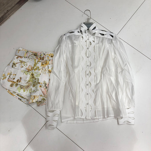 Conjunto de 2 Piezas: Blusa Hueca Manga Larga + Short Estampado - Image 2