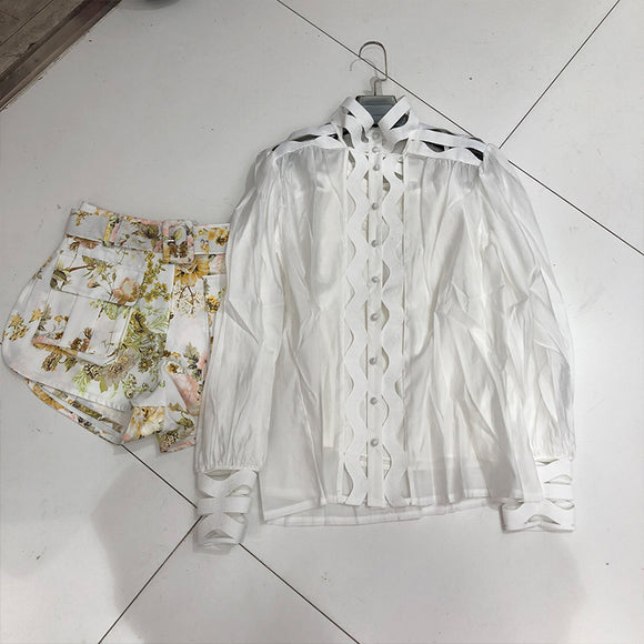 Conjunto de 2 Piezas: Blusa Hueca Manga Larga + Short Estampado