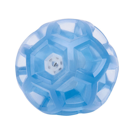 Translucent blue multi-faceted pet toy ball with an internal mechanism, measuring 6.4cm in diameter. - Image 2