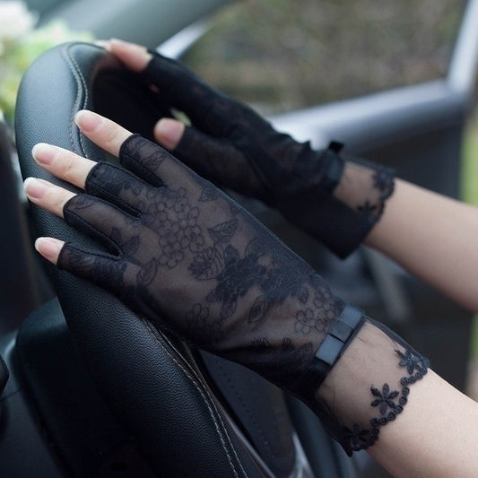 Guantes de Encaje Protección Solar Dedos Abiertos - Seda de Hielo Anti-UV para Mujer