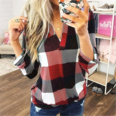 Camiseta a Cuadros con Cuello en V y Mangas Largas - Image 11