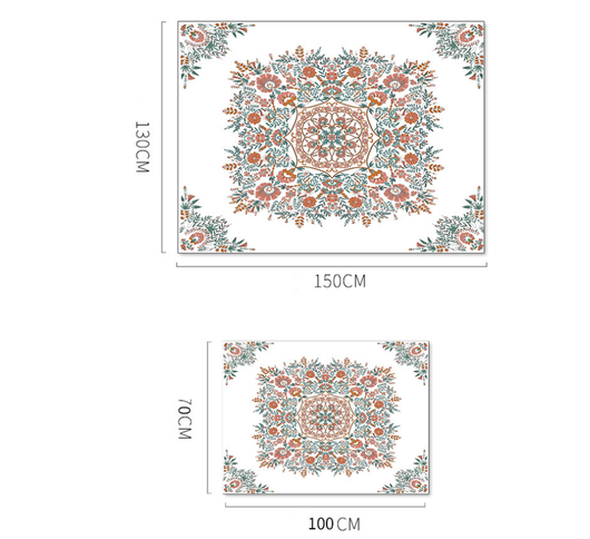 White bohemian retro tapestry with a central coral, teal, and brown floral mandala print and corner accents. - Image 4