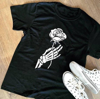 Playera Calavera y Rosa Manga Corta Cuello Redondo Verano - Image 9