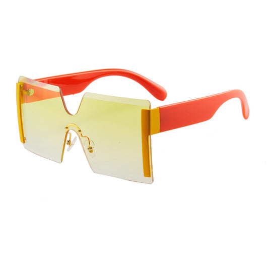 Frameless sunglasses with pink gradient lenses, black temples, and gold-tone accents on a white background. - Image 15