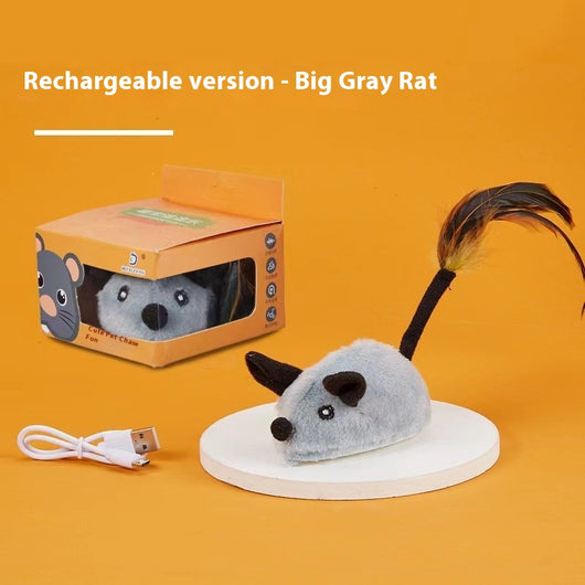 Yellow remote control electric plush mouse cat toy with a black remote and white USB charging cable. - Image 8