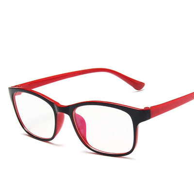 Red and black rectangular anti-blue light glasses with clear lenses, shown at an angle on a white background.