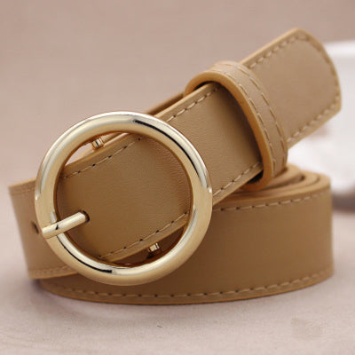 Khaki imitation leather belt with a shiny gold-colored round buckle and visible stitching details. - Image 13