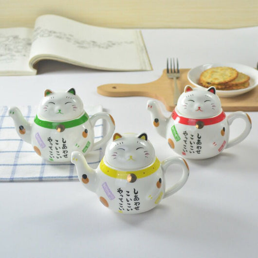 Juego de Té Gato de la Suerte Cerámica - Taza y Tetera Decorativa