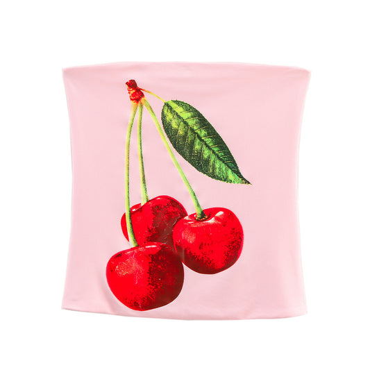 Top Bandeau Estilo Europeo con Estampado de Cerezas - Tela Nylon Ligera