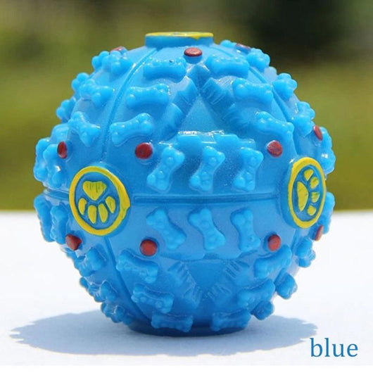 Black treat-dispensing dog toy ball with textured bone shapes, blue dots, and a yellow paw print logo. - Image 5