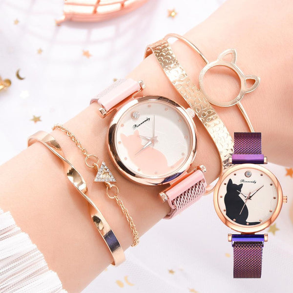 Juego de Reloj y Pulsera con Diseño de Gato para Mujer