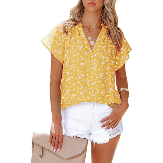 Blusa Estampada de Gasa Manga Corta Cuello en V - Image 6