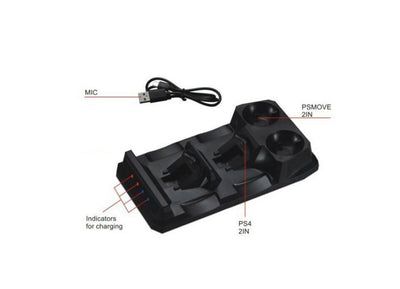 Black multifunctional charging dock for PS4 and PS Move controllers with USB cable and charging indicators. - Image 5