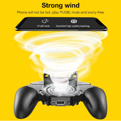 MÉMO AK77 black mobile game controller with integrated cooling fan and four silver trigger buttons. - Image 3