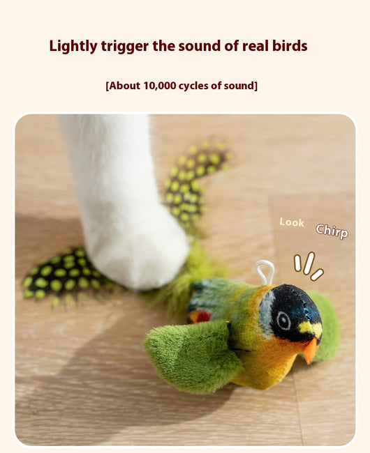 Plush bird cat toy with orange chest, grey body, feathered tail, and an elastic string for interactive play. - Image 19