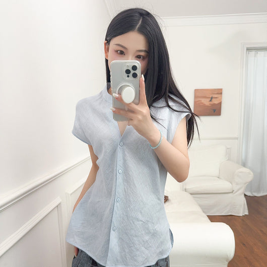 Blusa Lino Puro Cuello V Sin Mangas - Estilo Old Money Minimalista - Image 4