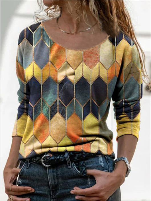 Playera Casual de Manga Larga con Estampado Geométrico Retro - Image 8