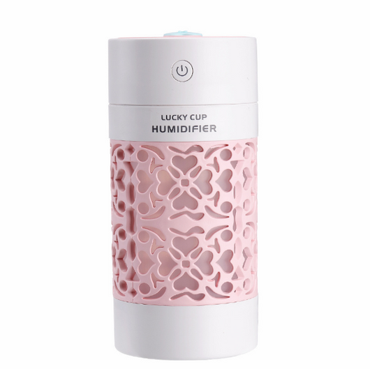 Light blue and white Lucky Cup humidifier with a decorative heart and floral cutout pattern. Features a power button. - Image 8