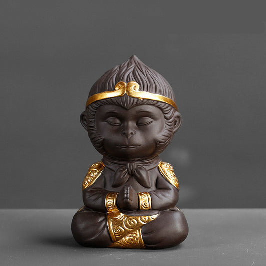 Juego de Té Kung Fu en Arcilla Púrpura con Estatua del Rey Mono - Decoración para Bandeja de Té