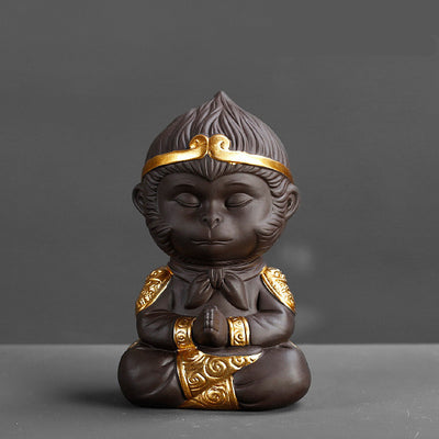 Juego de Té Kung Fu en Arcilla Púrpura con Estatua del Rey Mono - Decoración para Bandeja de Té