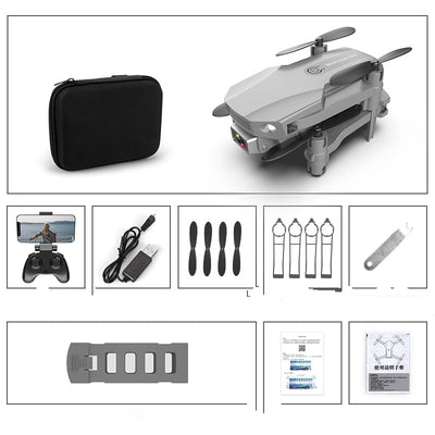 Gray folding drone with 4K camera, remote control, spare propellers, propeller guards, charging cable, and battery. - Image 14