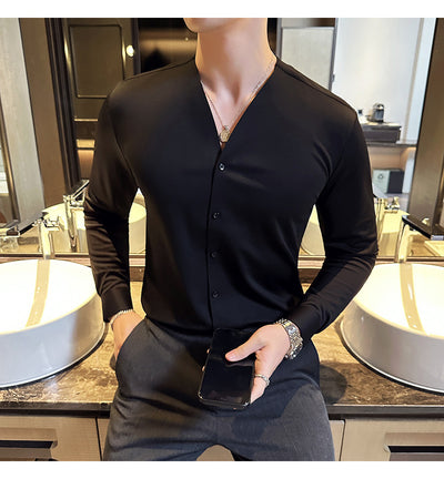 Camisa de Cuello V Manga Larga con Textura Waffle para Hombre - Image 19