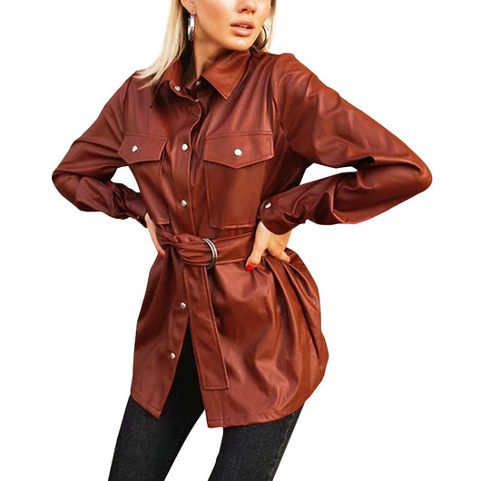 Camisa de Cuero Estilo Americano con Solapa