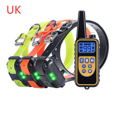 Three electric dog training collars in black, orange, and yellow with receivers, alongside a black and yellow remote control. - Image 8