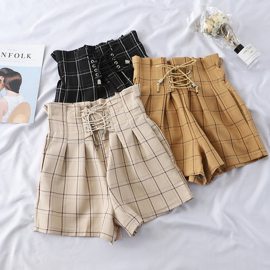 Shorts de Cintura Alta Tartán con Tirantes Floral