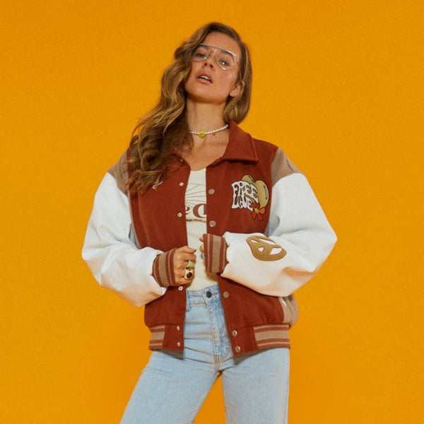 Chaqueta Universitaria Estampada Holgada para Mujer