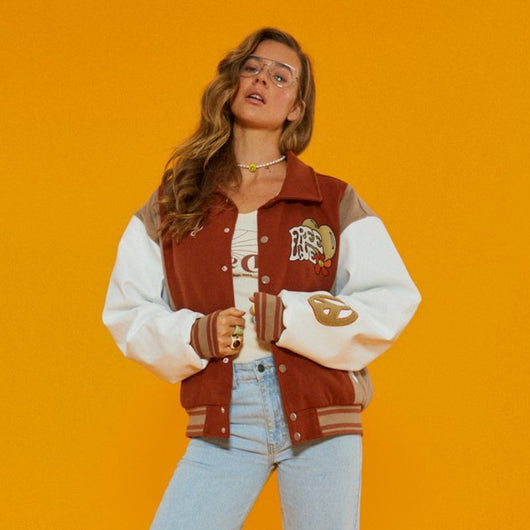 Chaqueta Universitaria Estampada Holgada para Mujer