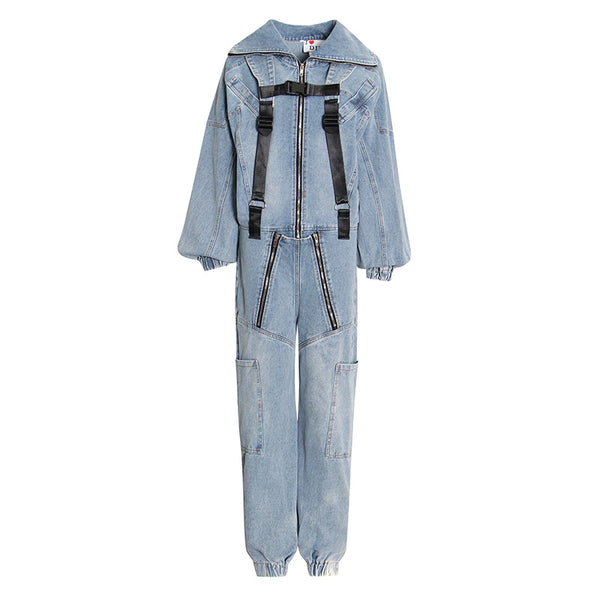 Jumpsuit Vaquero Holgado con Capucha y Piernas Rectas