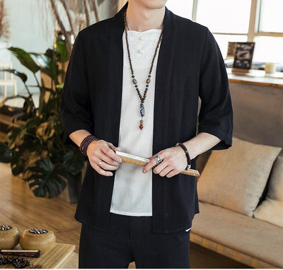 Camisa Cardigan Hanfu de Algodón y Lino - Estilo Asiático Manga 3/4 Hombre - Image 9