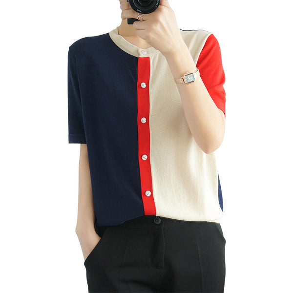 Blusa Fresca de Bloques de Color con Cuello en V