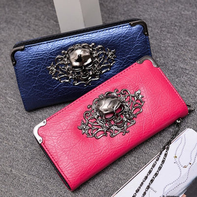 Billetera Larga para Mujer con Diseño Calavera y Flores - Cartera de Cuero PU con Cierre de Cremallera