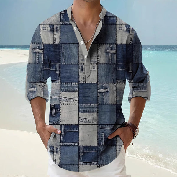 Camisa Hawaiana de Lino Bambú Digital Casual Manga Larga